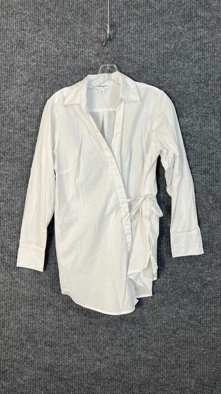 Studio Park Wrap Shirt Womens Small White Collared Classic Office Preppy Cotton